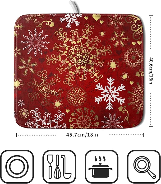 Red Snowflake Dish Drying Mat for Kitchen Counter Holiday Super Absorbent - Image 2