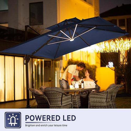 10 X 13 FT Cantilever Outdoor Patio Umbrella with Base Included Large Heavy Duty 360° Rotation Double Top Offset Rectangular Umbrellas with Led Lights for Backyard Outside Deck, NAVY - Image 2