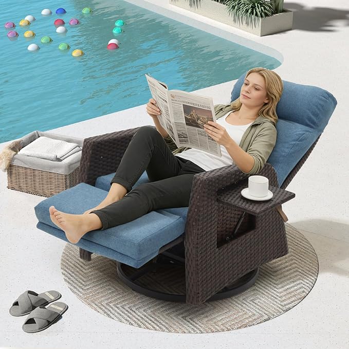 Adjustable Outdoor Recliner Chair with Independent Backrest & Footrest, Patio Swivel Recliner Chair, Wicker Reclining Patio Chair w/Flip-Up Table, 155° Lay Flat Chaise Lounge, Blue, 2PCS - Image 7