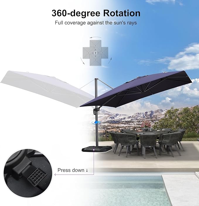 PURPLE LEAF 11.5' X 11.5' Telescopic Patio Umbrella with Base Included Lifting Cantilever Offset Square Large Umbrella for Pool Outdoor Patio Deck Garden Navy - Image 6