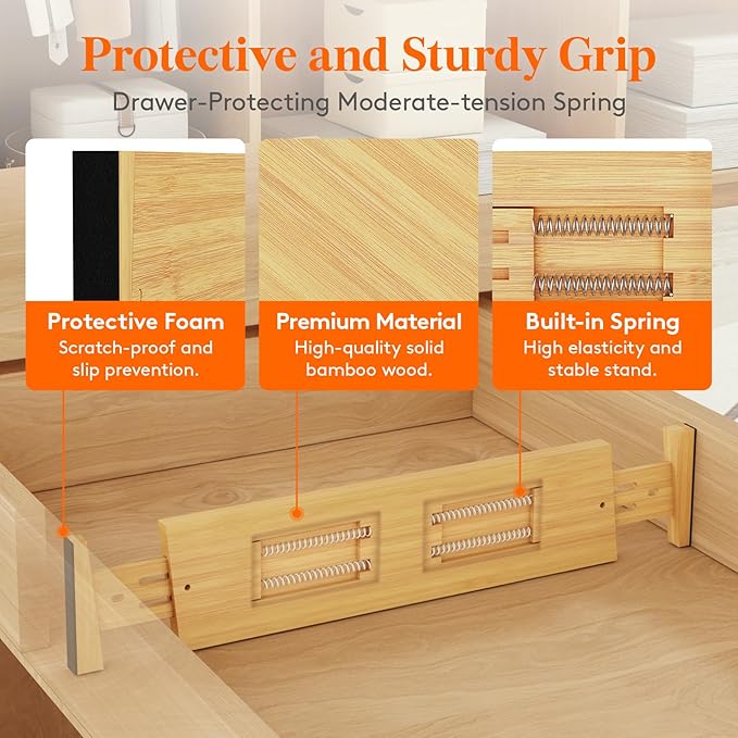 Lifewit 4" High 5 Pack Bamboo Drawer Dividers 43-54cm/17-21.5" Adjustable - Image 3