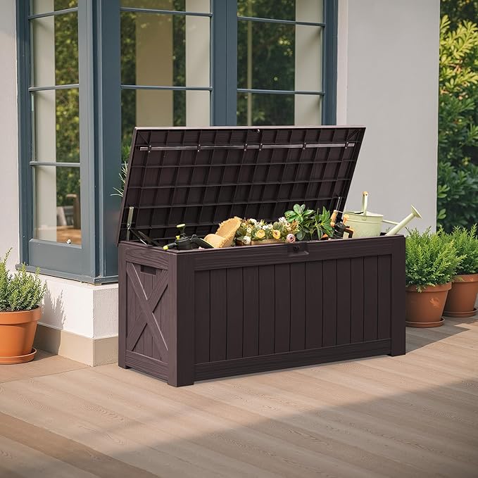 Flamaker Resin Deck Box 120 Gallon Waterproof Large Outdoor Indoor Storage Box Imitation Wood Resin for Patio Furniture Garden Tools and Pool (Deep Brown) - Image 5