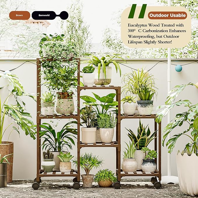 Bamworld Plant Stand with Wheels for Indoor Plants Wood Outdoor Tiered Shelf 3 Tire 7 Potted Ladder Plant Holder Table Pot Stand for Window Garden Balcony Patio Living Room (natureDL) - Image 4