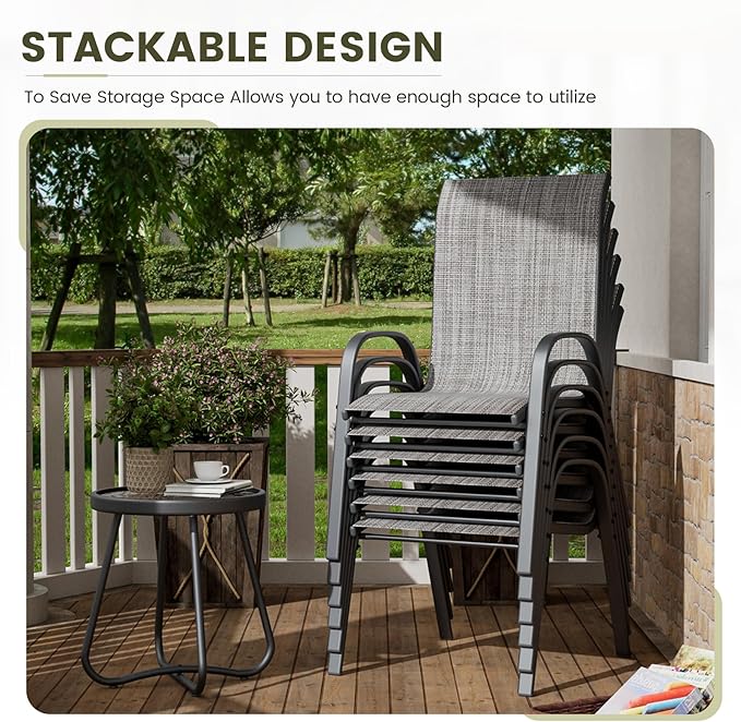 UDPATIO Patio Chairs Set of 6, Stackable Outdoor Dining Chairs for All Weather, Outdoor Furniture with Breathable Textilene Fabric, 350LBS Capacity, for Garden, Backyard, Deck (Light Grey) - Image 4