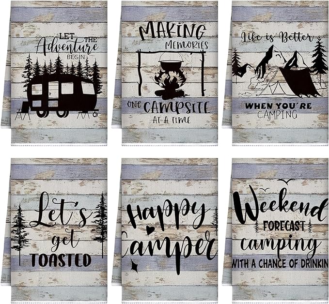 Boyiee Set of 6 Camping Kitchen Towels Happy Camper Tea Towels Absorbent by Boyiee