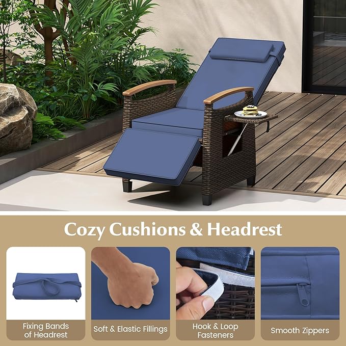 RELAX4LIFE Rattan Outdoor Recliner Chair - Wicker Chaise Lounge Chair w/Adjustable Back & Footrest, Acacia Wood Armrests, Flip Side Table, Cushion, Reclining Patio Chair for Pool Yard (1, Navy) - Image 6