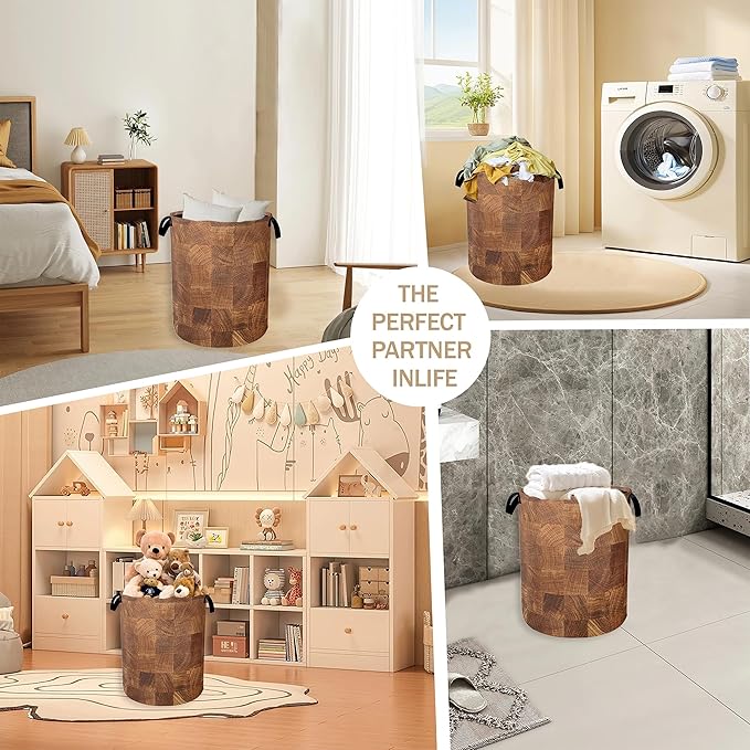 Wood Texture Pattern Laundry Basket, Rustic Farmhouse Clothes Hamper, Oxford - Image 6