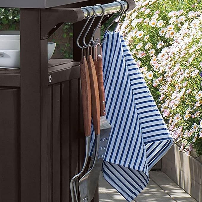 Keter Outdoor Grill Prep Table & Serving Cart, Stainless Steel Top, Unity, 40 Gal, Brown - Portable Bar Table and Cooking Accessory for Pool, Patio, Lawn, and Backyard - Image 6