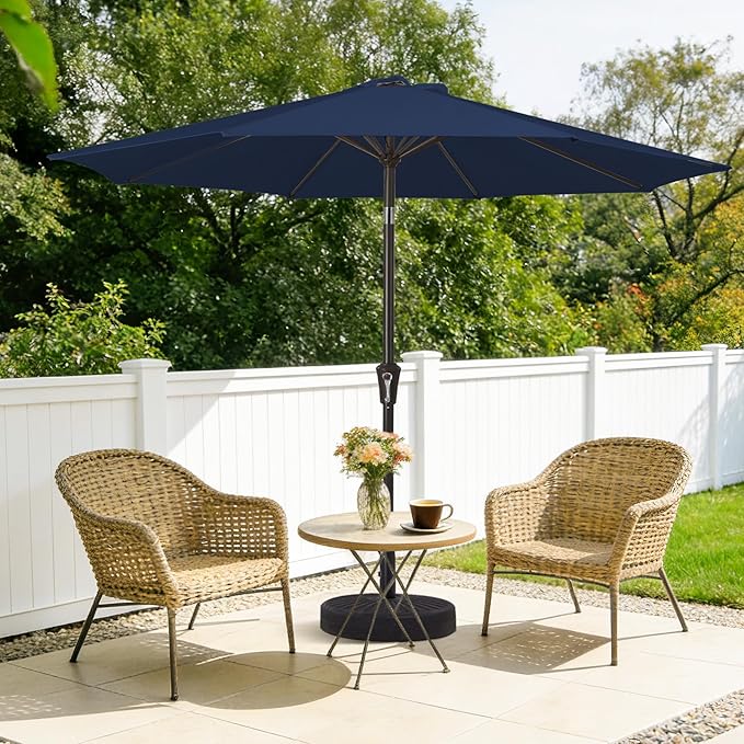 MEWAY 9ft Patio Umbrella Outdoor Table Umbrellas with Push Button Tilt and Crank, Market Umbrella 8 Sturdy Ribs for Deck, Garden, Pool and Backyard, Dark Blue - Image 2