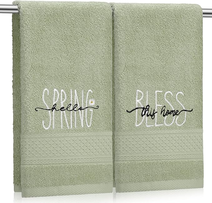 2 Pcs Hello Spring Hand Towels Gray Green Bathroom Decor 14x29 Inch 100% Cotton by SmoothNovelty