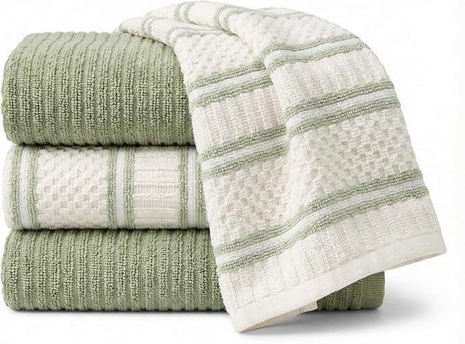 MosJos Kitchen Towels, Cotton Hand Towels, Sage Green and Cream Ribbed by MosJos