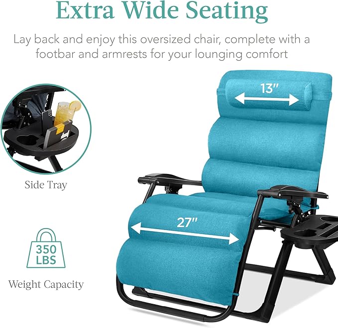 Best Choice Products Oversized Zero Gravity Chair, Folding Outdoor Patio Recliner, XL Anti Gravity Lounger w/Removable Cushion, Cup Holder, Side Tray, 350lb Capacity - Light Blue - Image 5