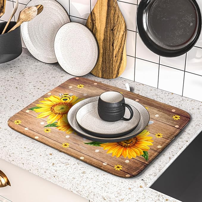 Sunflower Bee Dish Drying Mat for Kitchen Counter Home 16x18 Inch Wood Barn - Image 5