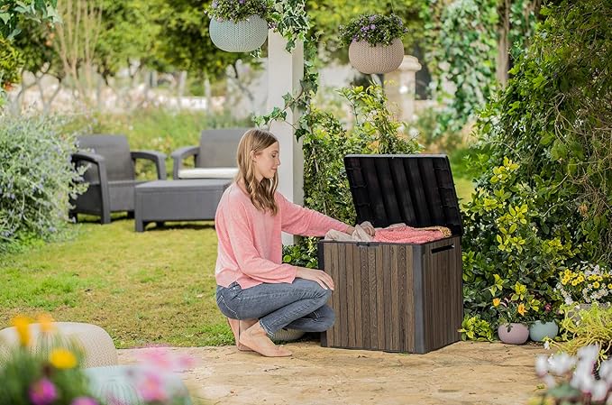 Keter Signature Everwood 30 Gallon Resin Deck Box for Outdoor Storage – Weather‑Resistant Balcony & Patio Box for Cushions, Throw Pillows & Garden Tools, Walnut - Image 2