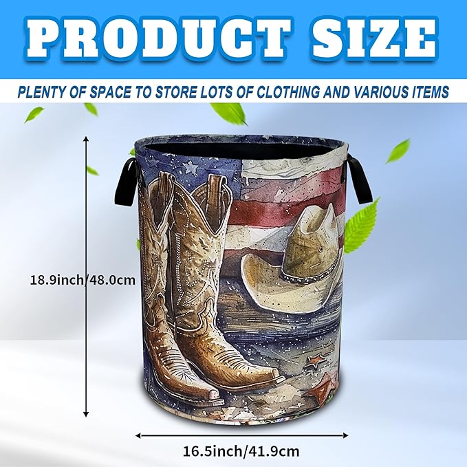 Cowboy Hat Boots Laundry Basket American Flag Oxford Cloth Laundry Hamper - Image 3