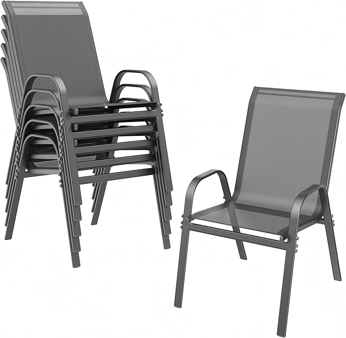 ONBRILL Patio Chairs set of 6, Easy Assembly Stackable Outdoor Dining Chairs with Wide Seat and Sturdy Metal Frame, Breathable All Weather Textilene Outdoor Chairs Set of 6 for Deck, Pool, Porch, Grey by ONBRILL
