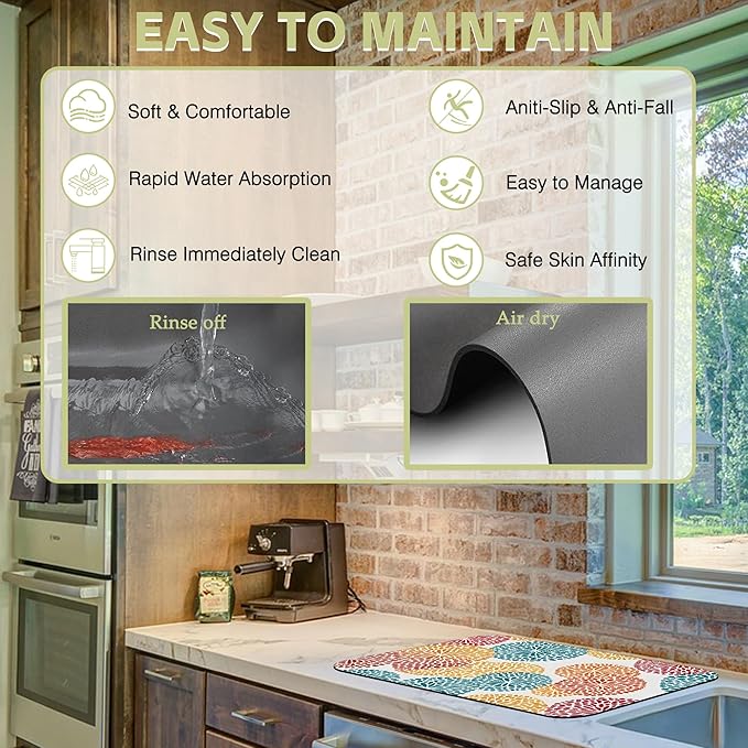 Abstract Floral Elements Dish Drying Mat Artifical Floral Kitchen Mat 16"x24" - Image 6