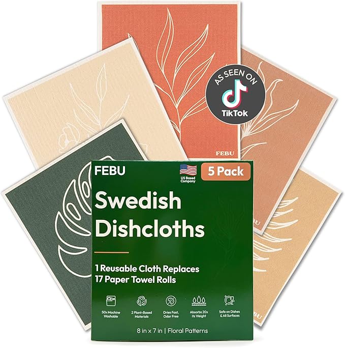 FEBU Swedish Dishcloths for Kitchen | 5 Pack Floral Reusable Paper Towels by FEBU