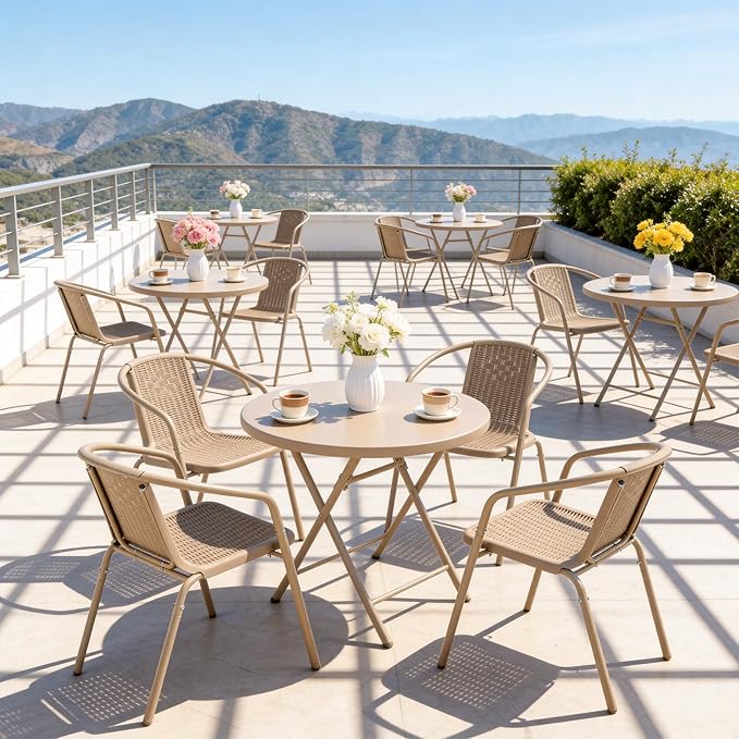 VINGLI PE Rattan Outdoor Dining Chairs Set of 2, Plastic Stackable Patio Chairs for Indoor, Porch, Restaurant, Garden,Champagne - Image 8