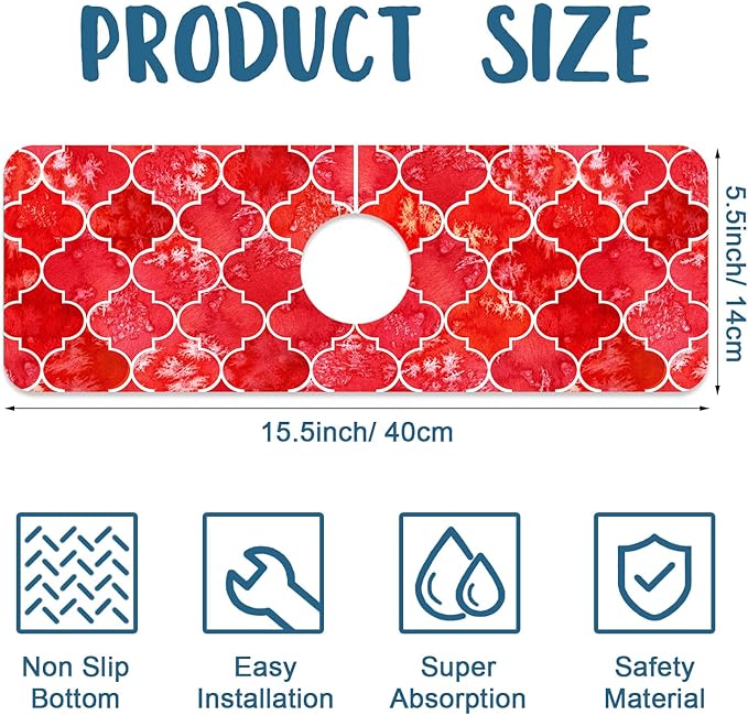 Watercolor Moroccan Marbled Kitchen Sink Splash Guard Faucet Mat Red Tiles - Image 2