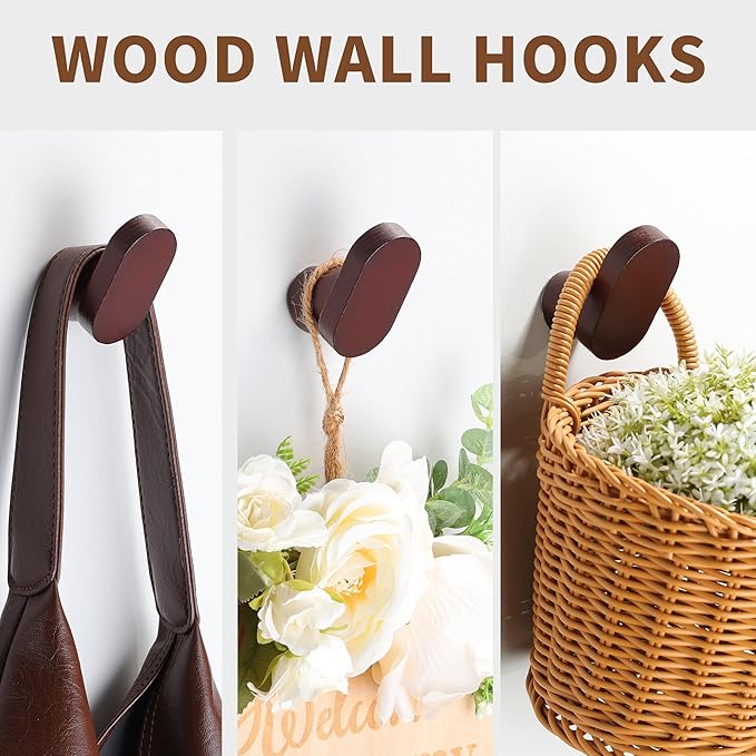 DELITON Coat Hooks Wall Mount, 4 Pack Wood Wall Hooks Rustic Heavy Duty - Image 4