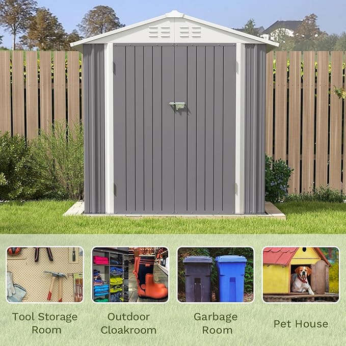 Patiowell 6x4 FT Outdoor Storage Shed, Water-Resistance Metal Outdoor Sheds with Vents & Lock, Garden Shed of Galvanized Steel for Lawn, Patio, Backyard Garden Tools, Bikes, Gray - Image 4