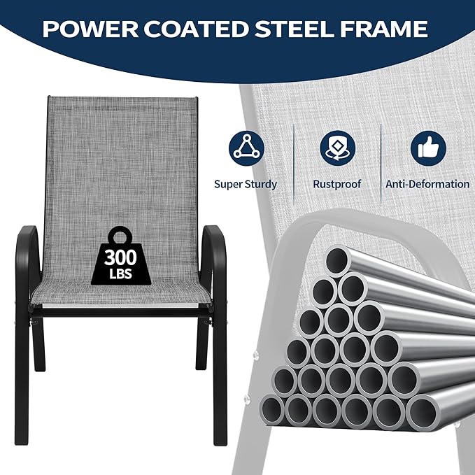 PIZZELLO Patio Chairs Set of 4, Outdoor Stackable Dining Chairs for All Weather, Lightweight Textilene Outdoor Chair Sets with Armrests, 330Lbs Capacity, for Backyard Porch Poolside Garden (Grey) - Image 8