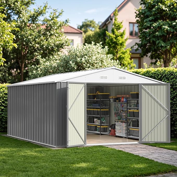 Patiowell 10x14 FT Outdoor Storage Shed, Large Metal Garden Shed with Lockable Door and Sloping Roof, Outside Steel Utility Tool Sheds for Backyard Lawn Garden Patio, Grey by Patiowell
