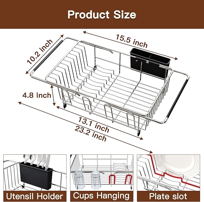 Over the Sink Expandable Dish Drainer Drying Rack In Stainless Steel - Image 6