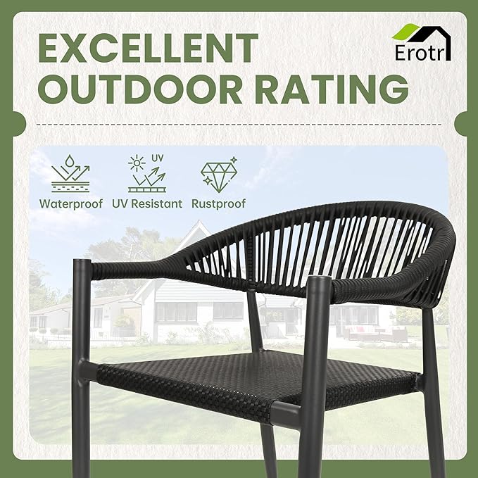 4 Pcs Stackable Patio Dining Chairs, Aluminum Rattan Outdoor Dining Chair with Arms, Woven Rope Garden Armchair Metal No Assembly for Bistro Balcony Porch Deck Yard Cafe Restaurant, Black - Image 4
