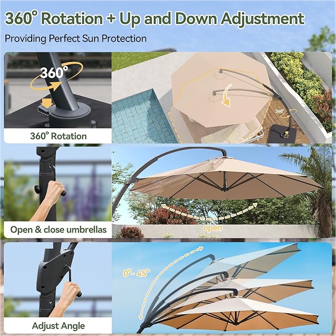 Aoxun 11 FT Cantilever Umbrella with Base Included, Patio Large Aluminum Offset Umbrella Windproof with 360°Rotation, Heavy Duty Frame for Outdoor, Pool, Deck and Garden - Image 5