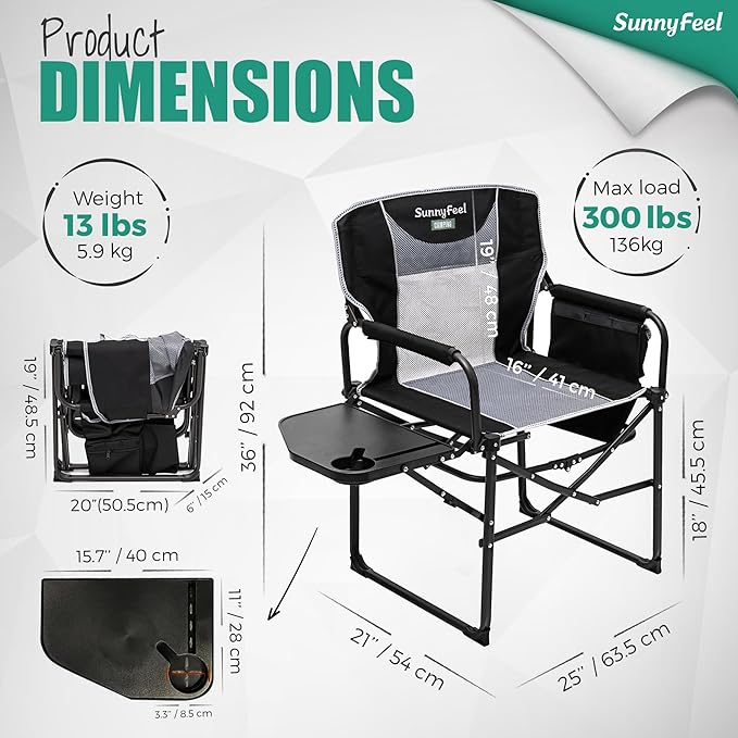SUNNYFEEL Camping Directors Chair, Heavy Duty,Oversized Portable Folding Chair with Side Table, Pocket for Beach, Fishing,Trip,Picnic,Lawn,Concert Outdoor Foldable Camp Chairs - Image 3