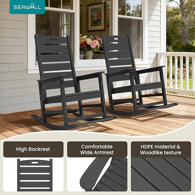 SERWALL Outdoor Rocking Chair Set of 4, Oversized HDPE Patio Rocking Chair with Footrest for Adults, All Weather Porch Rocker for Deck Patio Balcony, Gray - Image 6