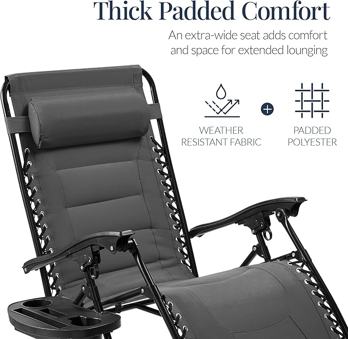 Best Choice Products Oversized Padded Zero Gravity Chair, Folding Outdoor Patio Recliner, XL Anti Gravity Lounger for Backyard w/Headrest, Cup Holder, Side Tray, Polyester Mesh - Gray - Image 4