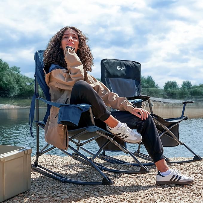 Portal Outdoor Rocking Chair Camping Folding Portable Rocker with Cup Holder Side Pocket Carry Bag, Support 350LBS (Midnight Blue) - Image 2