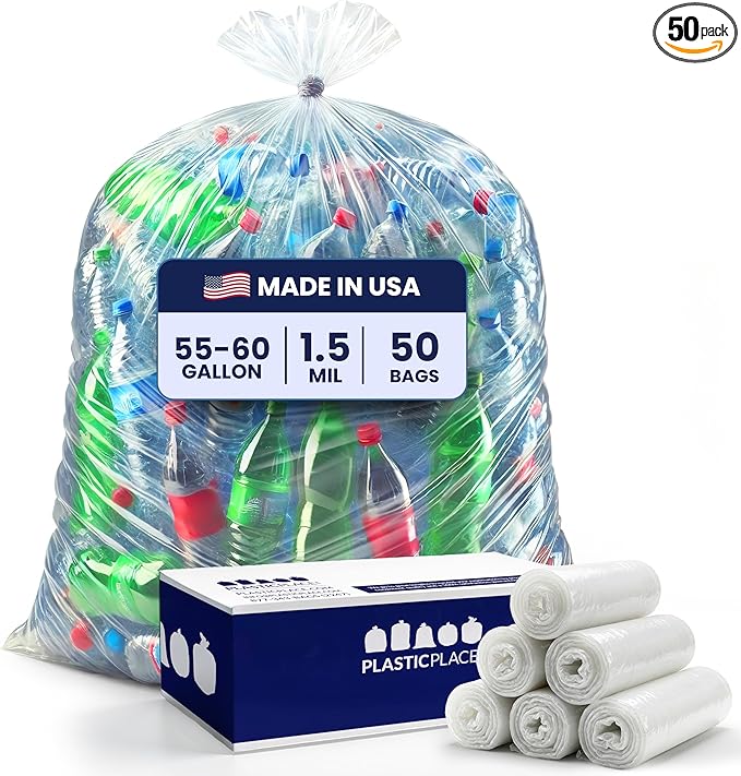 Plasticplace Heavy Duty 55-60 Gallon Trash Bags – Clear Garbage Can Liners – by Plasticplace