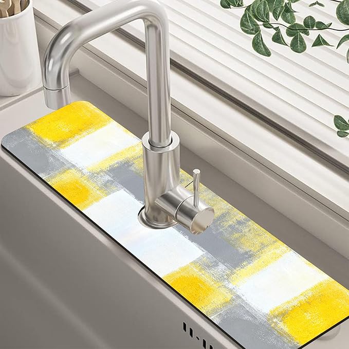 Grey and Yellow Abstract Kitchen Sink Splash Guard Mat Absorbent Fast Drying by Unknown