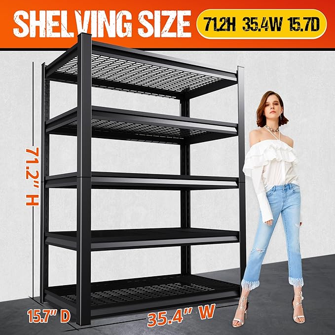 71.2" H Garage Shelving Heavy Duty Storage Shelves, Adjustable Metal Shelving Unit, Utility Garage Organizer Shelf for Basement, Pantry, Warehouse, Supermarket, 35.4" Wx15.7 Dx71.2 H,Black - Image 3