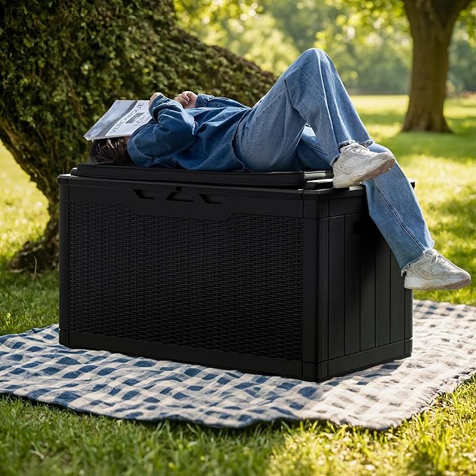 Greesum 100 Gallon Resin Deck Box Large Outdoor Storage with Cushions for Patio Furniture, Garden Tools, Pool Supplies, Weatherproof and UV Resistant, Lockable, Black - Image 2