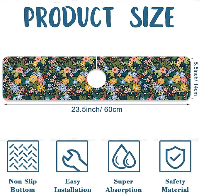 Colorful Flower Kitchen Sink Splash Guard Faucet Mat Flowers Leaves Super - Image 2