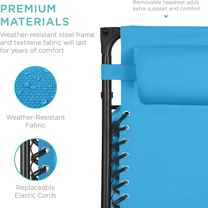 Best Choice Products 30” Wide Folding Zero Gravity Outdoor Recliner Patio Lounge Chair w/Adjustable Canopy Shade, Headrest, Side Accessory Tray - Light Blue - Image 7
