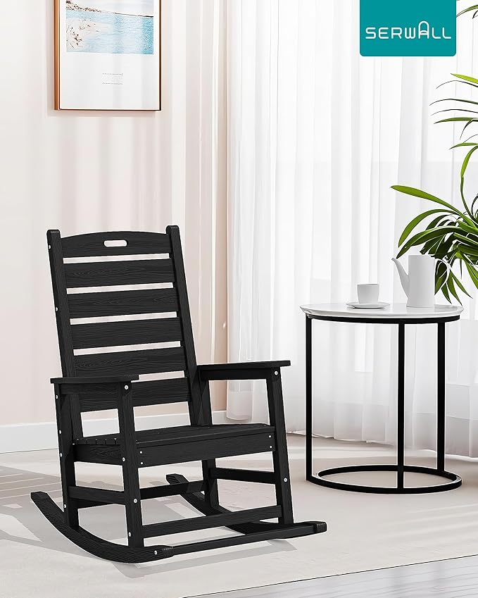 SERWALL Outdoor Rocking Chair Set of 2, Oversized Rocking Chair with Footboard for Adults, HDPE All Weather Resistant Rocking Chairs for Patio, 350lbs Weight Capacity, Black - Image 2