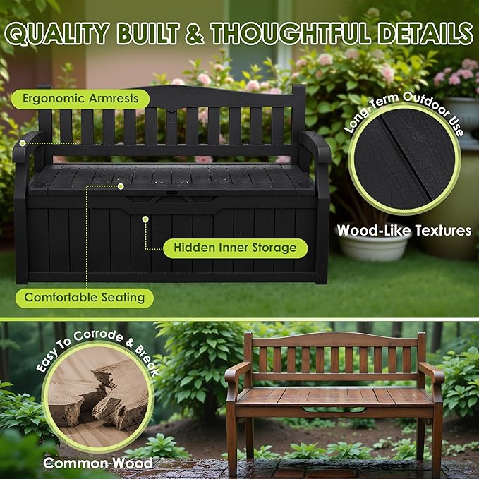Greesum 80 Gallon Heavy-Duty Outdoor Storage Bench with Cushion, UV-Resistant Resin Bench with Armrest, Deck Box for Garden, Poolside, Patio, Black - Image 6