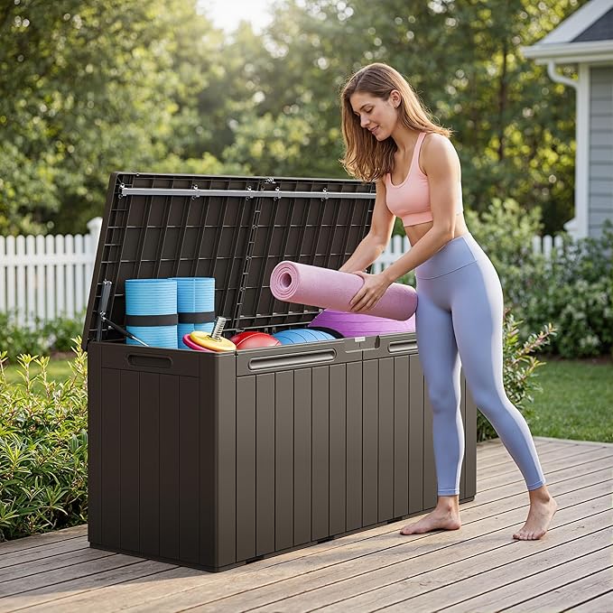 Greesum 110 Gallon Outdoor Storage Box with Lockable Lid, All-Weather Solution for Patio Furniture, Pool Supplies & Garden Tools, Waterproof, UV-Resistant Large Deck Box, Brown - Image 5