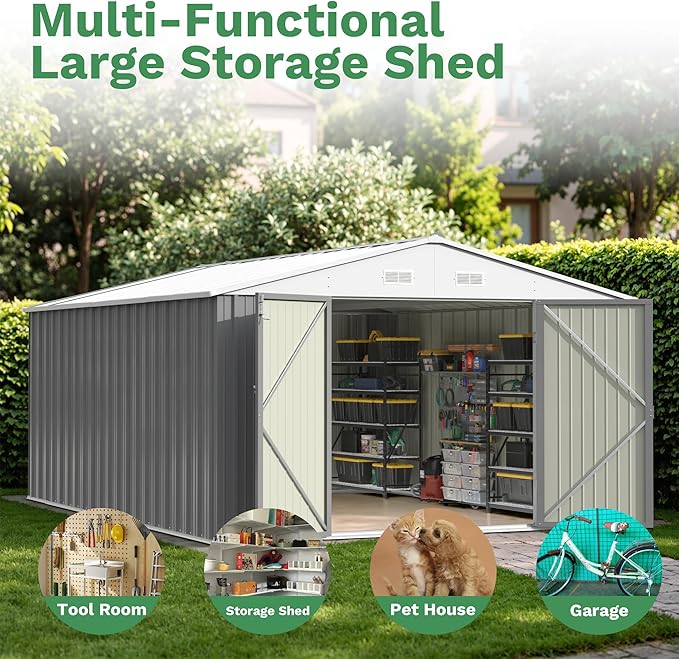 Patiowell 10x14 FT Outdoor Storage Shed, Large Metal Garden Shed with Lockable Door and Sloping Roof, Outside Steel Utility Tool Sheds for Backyard Lawn Garden Patio, Grey - Image 5