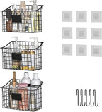Wall Mounted Bin Basket with 5 Hooks 3 Label Plate Adhesive-3 Pack, Cabinet by X-cosrack