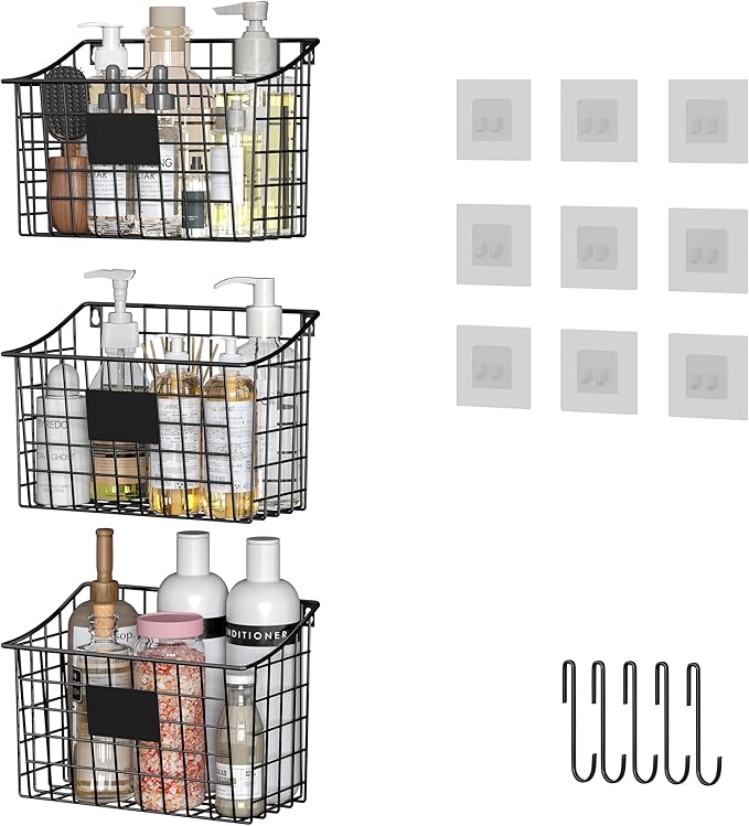 Wall Mounted Bin Basket with 5 Hooks 3 Label Plate Adhesive-3 Pack, Cabinet by X-cosrack