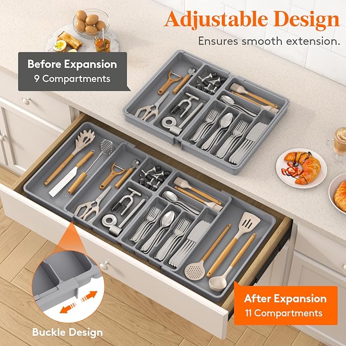 Lifewit Utensil Organizer for Kitchen Drawer, Expandable Cooking Silverware Tray - Image 3