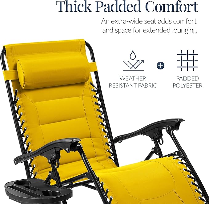 Best Choice Products Oversized Padded Zero Gravity Chair, Folding Outdoor Patio Recliner, XL Anti Gravity Lounger for Backyard w/Headrest, Cup Holder, Side Tray, Polyester Mesh - Yellow - Image 4