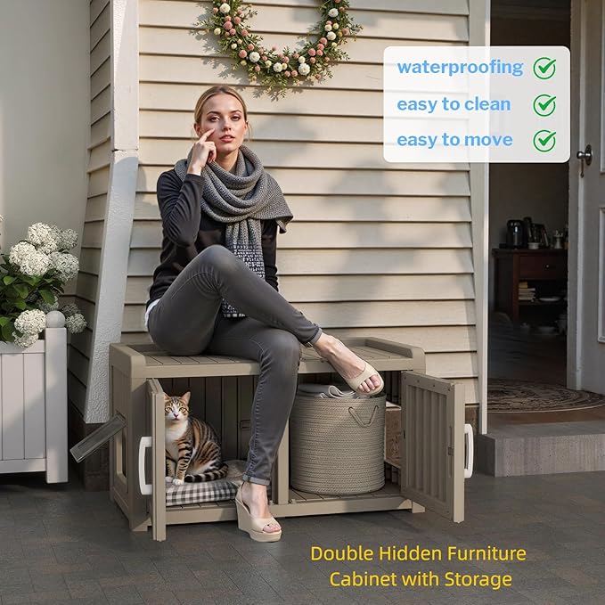 2 Doors Shoe Storage Bench - 2 Side Door Hidden Furniture Cabinet with Storage, Waterproof Entryway Bench with Seat for Indoor Outdoor, End of Bed Footrest Stool for Bedroom, Hallway, Grey - Image 4